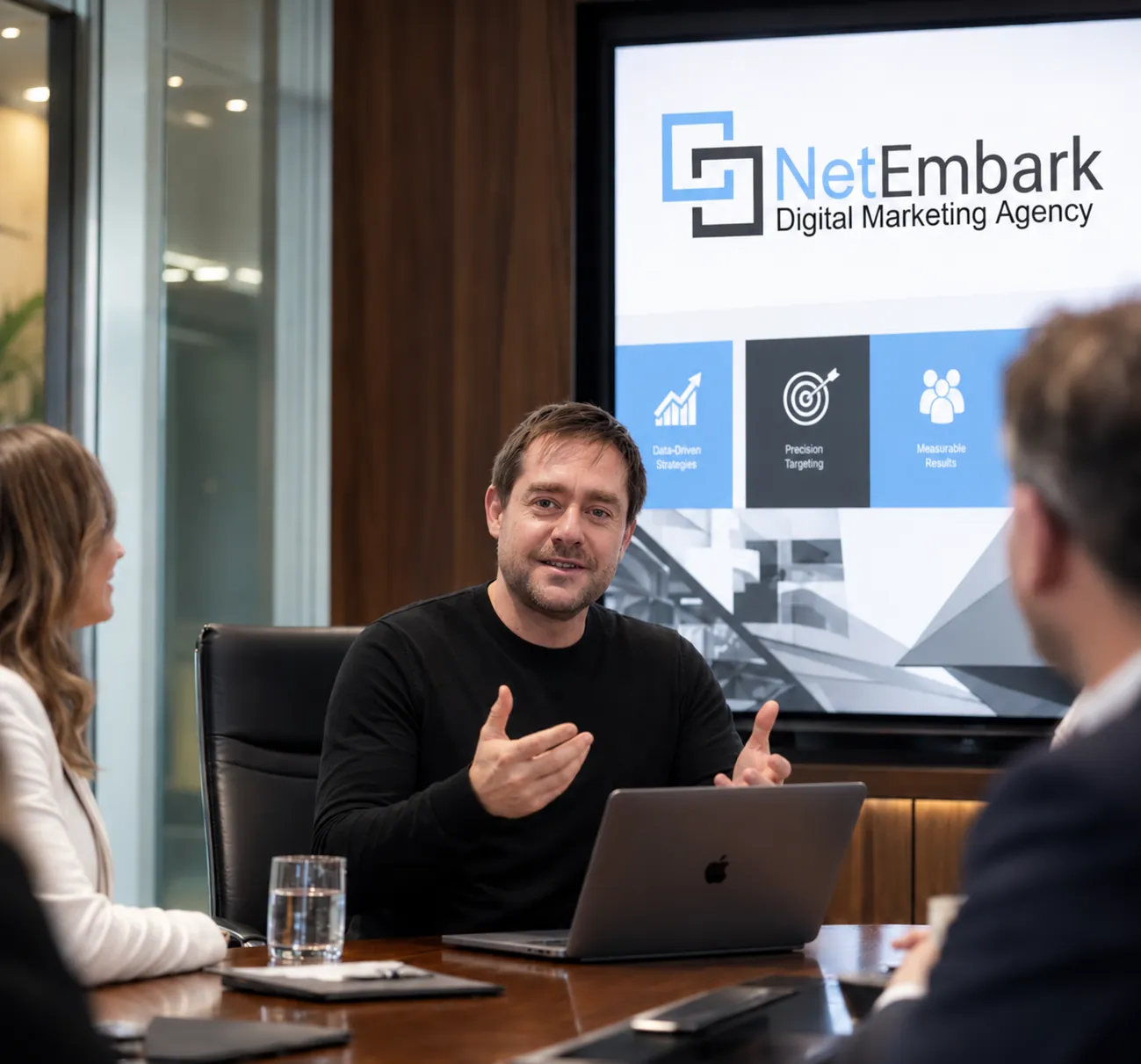 Gary Pyatigorsky, Founder & CEO of NetEmbark, leading a client strategy meeting
