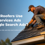 A roofer in a safety harness installs dark asphalt shingles on a home's roof at golden hour. Text on a navy gradient reads "Should Roofers Use Local Services Ads or Google Search Ads?" with the subline "Pay per lead vs. pay per click, and why most roofers run both." Netembark logo top-left, netembark.com bottom-right.