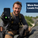 A smiling roofer in a safety harness and work gloves kneels on a dark asphalt-shingle roof of a suburban home on a sunny day, holding up a smartphone that shows an incoming call. A navy panel reads "More Roofing Leads from Google". The Netembark logo sits on a white chip in the top-left corner, and "netembark.com" is in the bottom-right corner.