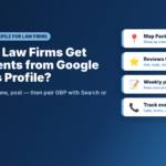 A navy banner with the question "How Can Law Firms Get More Clients from Google Business Profile?" and the subline "Claim, optimize, review, post — then pair GBP with Search or Local Services Ads." Four white cards show Map Pack presence, reviews that convert, weekly posts and track every lead. Netembark logo top left and netembark.com bottom right.
