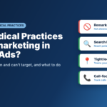 A navy banner with the question "Can Medical Practices Use Remarketing in Google Ads?" and the subline "What health ads can and can't target, and what to do instead." Icons show a phone call, a search bar and a map pin. Netembark logo top left and netembark.com bottom right.