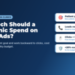 A navy banner with the question "How Much Should a Vein Clinic Spend on Google Ads?" and the subline "Start with your patient goal and work backward to clicks, cost per click and a monthly budget." Four white cards read patient goal, leads needed, clicks times local CPC, and a 20% cushion. Netembark logo top left and netembark.com bottom right.